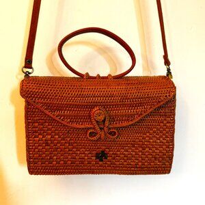 Light Brown Woven Straw Small Purse Handle Rattan Knot Basket Wood Hard Frame